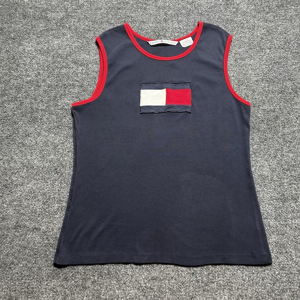 VTG Tommy Hilfiger Womens Ringer Tank Top XL Navy Blue Red Flag Logo Y2K 90s